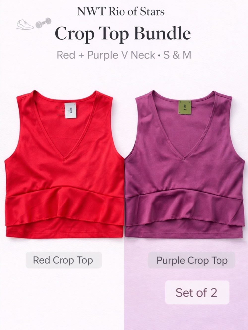 NWT Rio of Stars Crop Top Bundle S M Red Purple V Neck Athleisure Set